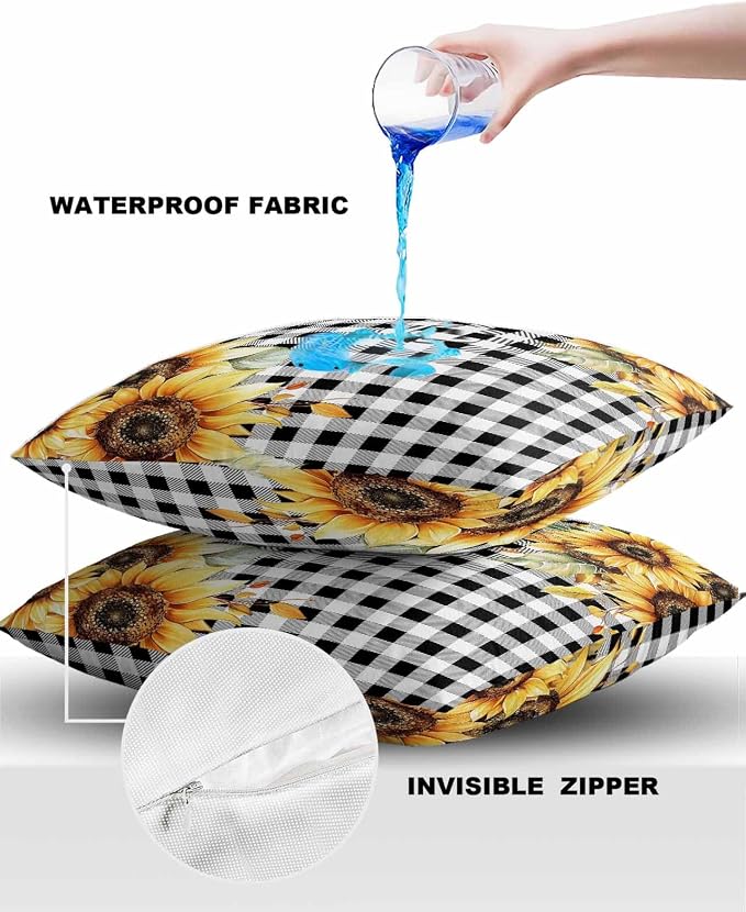 Sunflower Outdoor Waterproof Throw Pillow Covers 18"x18" Set of 2, Buffalo Check Plaid Sunflower Decorative Garden Pillowcase with Zipper Retro Farmhouse Cushion Case for Patio Couch Tent