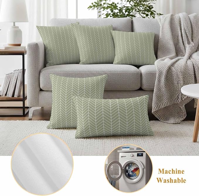 Outdoor Waterproof Throw Pillow Covers Set of 2 Sage Green Chevron Stripes Pillowcases 26x26 Inches Modern Geometric Texture Decorative Pillows Cushion Case Patio Pillows for Couch Bed Chair Garden