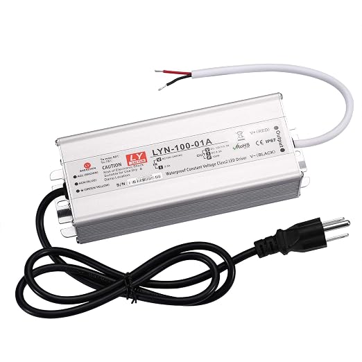 LED Driver 100 Watts 110V AC to 12V DC Low Voltage Output, IP67 Waterproof Power Low Voltage Transformer Adapter with 3 pin Plug LED Cable for LED Light bar, Indoor and Outdoor Light String