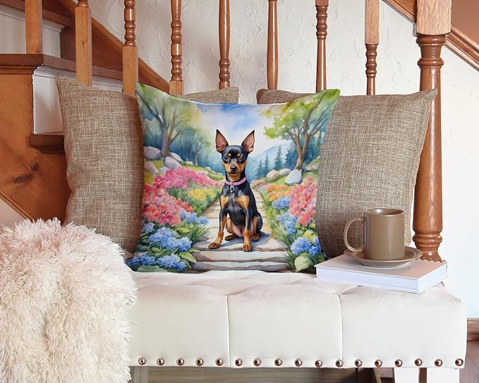 Caroline's Treasures Miniature Pinscher Spring Path Throw Pillow Machine Washable, Indoor Outdoor Decorative Pillow for Couch, Bed or Patio, 14Hx14W