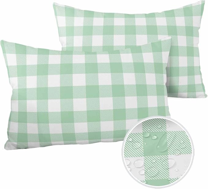Outdoor Waterproof Throw Pillow Covers Set of 2 Light Green Buffalo Check Plaid Lumbar Pillowcases 20x12 Inches Farmhouse Style Decorative Pillows Cushion Case Patio Pillows for Couch Bed Garden