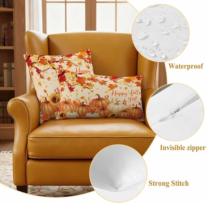 Orange Fall Waterproof Outdoor Pillow Covers 20''x12'' Set of 2, Maple Tree Branch Thanksgiving Pumpkin Patio Cushion Covers for Chairs,Decorative Countryside Leaves Pillow Cases for Garden/Pool/Beach