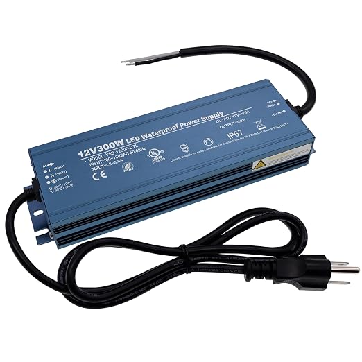 12V 300W UL Listed LED Power Supply with 3.28ft US Standard Plug Wire | Waterproof IP67 Low Voltage Transformer, 100V-130V AC to 12V DC Converter for DC12V LED Lighting Products