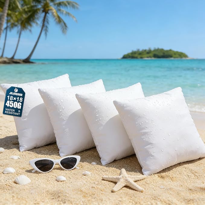 JOJOGOGO 18x18 Outdoor Throw Pillow Inserts Waterproof Set of 4, 18 x 18 White Water Resistant Decorative Pillows for Couch Porch and Patio Furniture