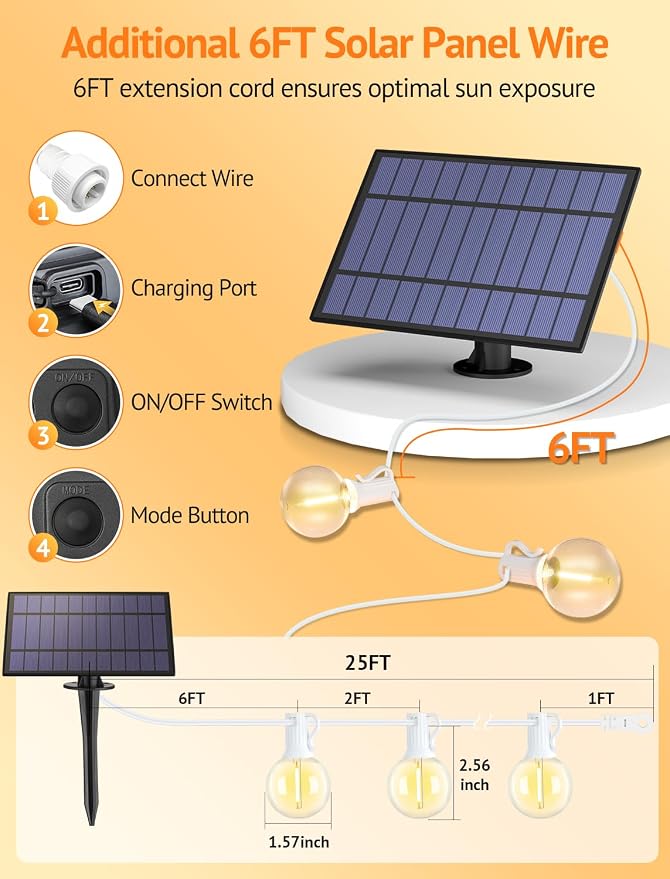 25FT Solar String Lights with Remote, 3 Modes, 11 G40 Bulbs, White | Solar Powered, Dusk to Dawn, Dimmable, Timer, Memory Function, LED Globe Hanging Lights for Garden Party Fence Decor