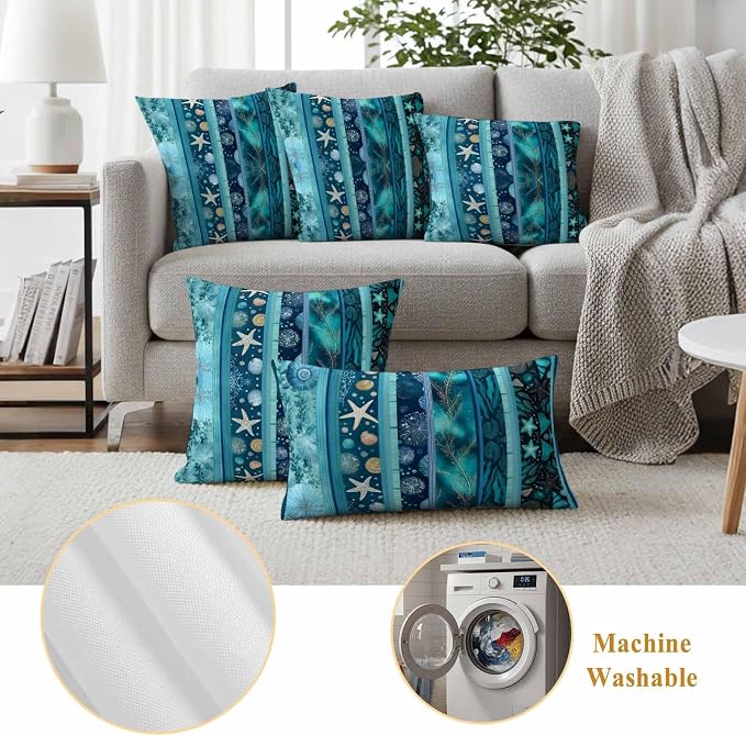 Turquoise Ocean Outdoor Waterproof Throw Pillow Covers Set of 2, 24"x24", Blue Stripes Starfish Coral Seaweed Luxury Decorative Pillow Covers Outside Cushion Case for Patio Porch Garden
