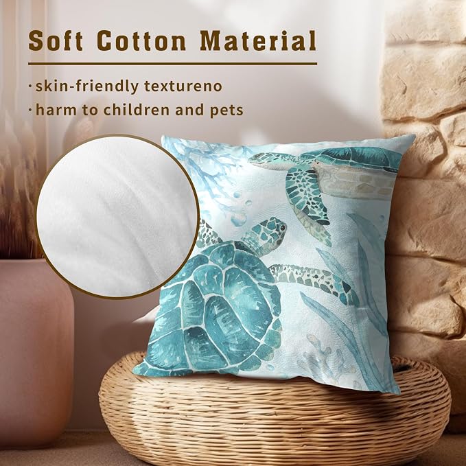 Ocean Theme Throw Pillow Cover Set of 2, Sea Turtle Seahorse Undersea Nautical Cotton Linen Square Cushion Case for for Sofa Couch Bedroom Car Home Decor 20x20 Inch