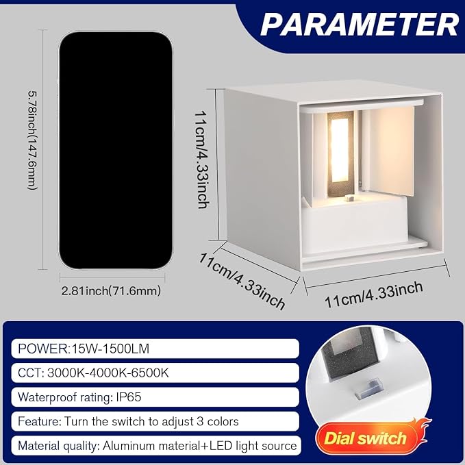 15W 3CCT Adjustable Up and Down LED Wall Sconce 2 Pack | White IP65 waterproof ETL certified 1300LM Exterior/Interior Lighting Fixtures for porches & patios