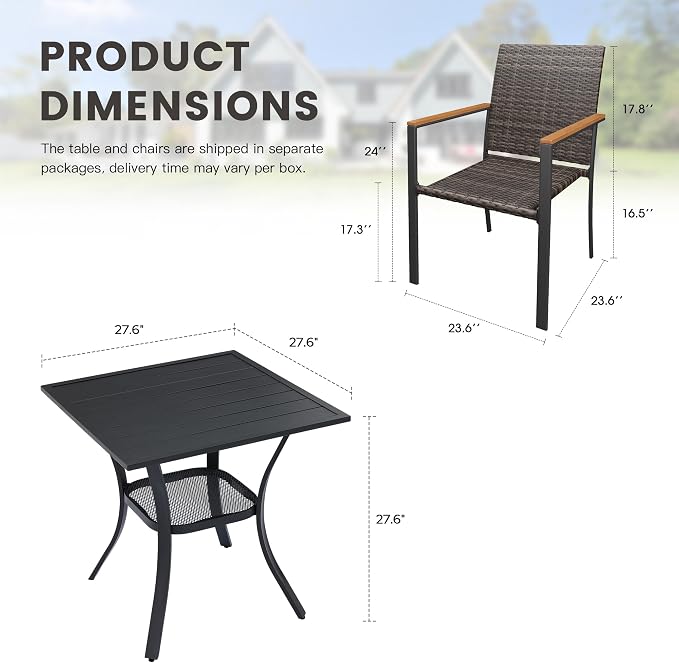 Small Patio Dining Set for 2, 27.5" Square Metal Table and Stackable Wicker Patio Chairs, Outdoor Furniture Set for Porch Garden, Walnut Chairs, Black Table