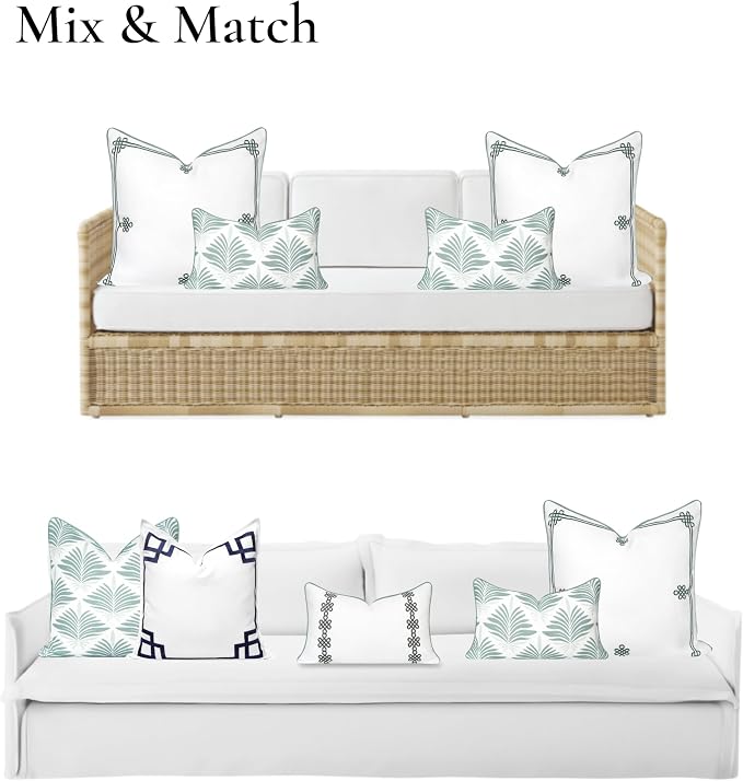 Hofdeco Premium Coastal Hampton Patio Indoor Outdoor Lumbar Pillow Cover Only, 12"x20" Water Repellent for Backyard, Couch, Poolside, Celadon Green Print Abstract Plam Leaves