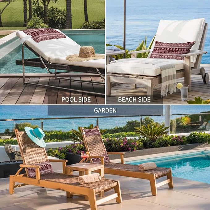 Outdoor Lumbar Pillow Set of 2, Red Boho Striped Waterproof Beach Headrest Pillow with Inserts, Southwestern Ethnic Tribe Vintage Recliner Throw Pillows for Patio Furniture, 11 x 16