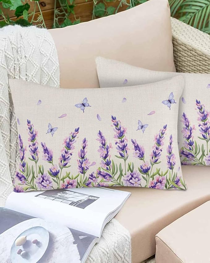 Vandarllin Outdoor Throw Pillows Covers 20x12 inch Set of 2 Waterproof Purple Lavender Flower Decorative Zippered Cushion Covers for Patio Furniture, Butterfly Floral Linen Lumbar Pillowcases