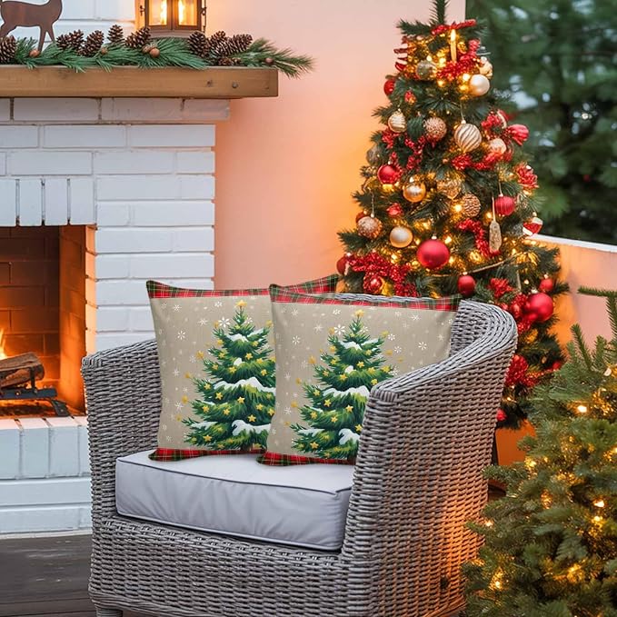 Outdoor Waterproof Throw Pillow Covers, Christmas Trees Winter Snowflake Green Red Tartan Plaid Vintage Burlap Pattern Pillowcases Cushion Covers Cases for Patio Couch Bench, Pack of 2, 18X18 Inch