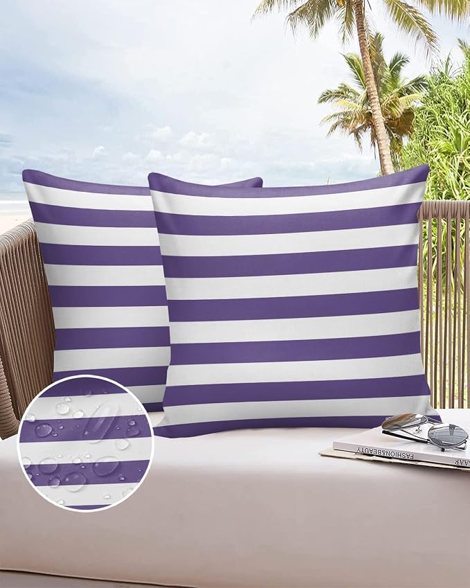 Outdoor Waterproof Pillow Covers for Patio Furniture Purple and White Stripes Decorative Throw Pillow Cover Solid Striped Pillowcases Set of 2 Cushion Case for Sofa Couch Chair 18 x 18 in