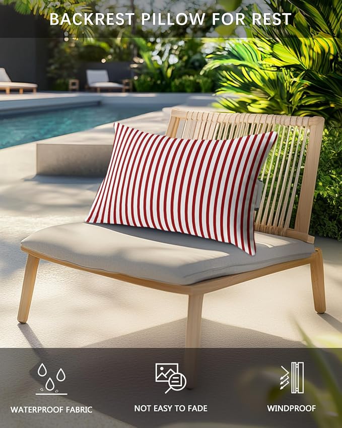 Pack of 4 Outdoor Lumbar Pillow Covers 12x20 Inch, Thin Red Striped Waterproof Throw Pillow Covers Set, Farmhouse Modern Red Stripes Indoor&Outdoor Decorative Cushion Cases for Patio Porch Car
