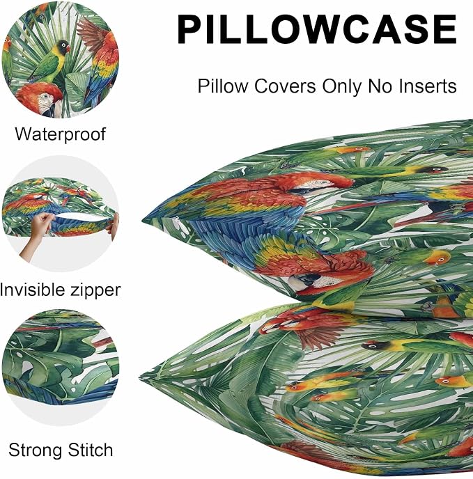 Pack of 2 Waterproof Outdoor Pillow Covers 20x20 Inch Decorative Pillow Covers Tropical Plants Throw Pillowcases Summer Rustic Monstera Palm Leaves Birds Green Outdoor Cushion Cover for Couch, Patio