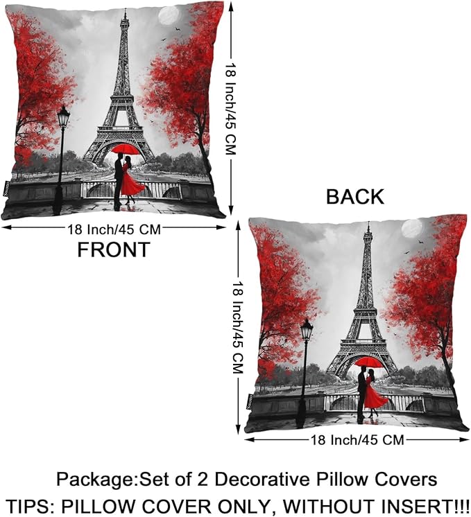 Swono Outdoor Pillow Covers Eiffel Tower, Paris Couple Maple Eiffel Tower Home Decorative Throw Pillow Case Cushion Cover for Men/Woman/Girls/Boys/Bed/Sofa/Office/Car, 18x18 Inch, 2Pcs Pillow Covers