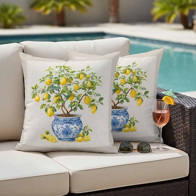 Summer Lemons Outdoor Pillow Covers 26x26 Inch Throw Pillow Covers Set of 2 Waterproof Decorative Pillow Cases Brown Beige Farmhouse Botanical Linen Cushion Covers for Patio Furniture Garden Couch