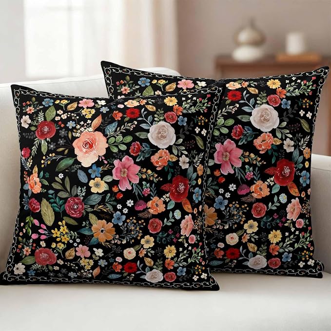 Watercolor Flowers Waterproof Outdoor Pillow Covers 16''x16'' Set of 2, Farmhouse Floral Patio Furniture Black Cushion Covers for Chairs, Decorative Vintage Wildflowers Pillow Cases for Garden/Pool