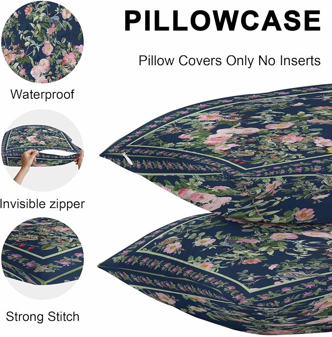 Vandarllin Outdoor Throw Pillows Covers 18x18 inch Set of 2 Waterproof Pink Floral Bird Decorative Zippered Cushion Covers for Patio Furniture, Green Leaves Branches Navy Blue Lumbar Pillowcases