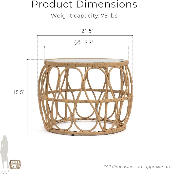 Furniture of America Ysar Boho Rattan Round Coffee Table Outdoor with 5mm Tempered Glass Top, All-Weather and Rust Resistant Patio Furniture