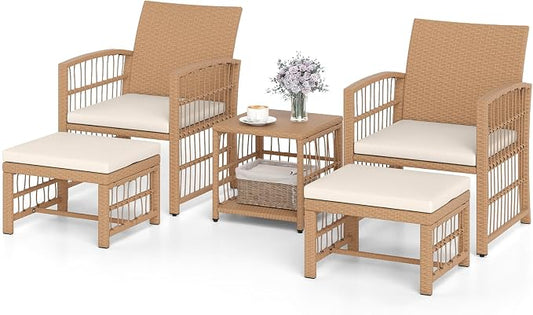 HAPPYGRILL 5 Pieces Patio Conversation Set PE Rattan Balcony Furniture Set with 2 Armchairs, 2 Ottomans & 2-Tier Side Table, Outdoor Wicker Chair Set with Cushions