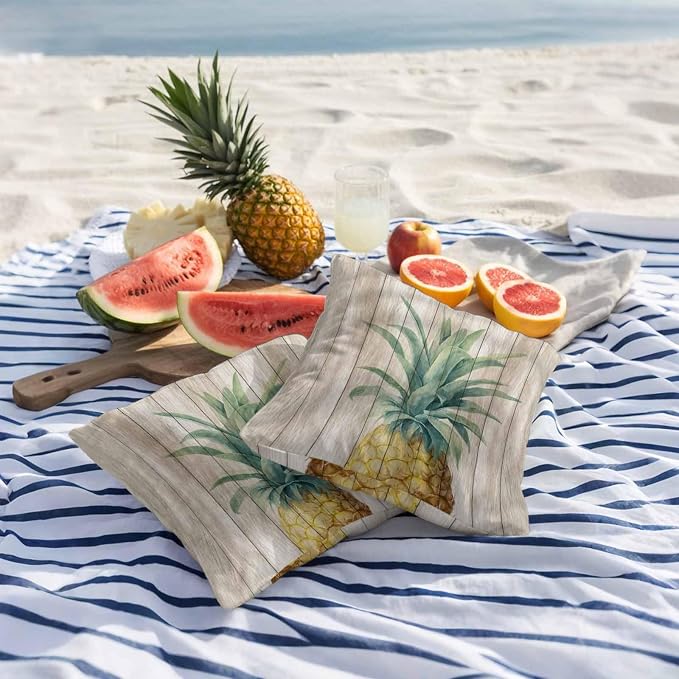 Vandarllin Outdoor Throw Pillows Covers 24x24 inch Set of 2 Waterproof Pineapple Decorative Zippered Cushion Covers for Patio Furniture, Summer Tropical Fruit Wood Lumbar Pillowcases