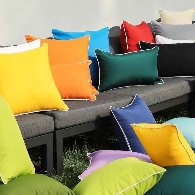 JOJOGOGO Yellow Outdoor Pillows Waterproof Throw Pillow Covers 18x18 Set of 2, Summer Yellow Outdoor Patio Decor Pillows, Porch Sunproof Pillow Covers 18 x 18 for Patio Furniture (with White Piping)