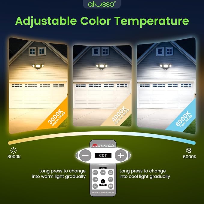 ALUSSO LED Security Lights Motion Sensor, 36W 3000LM Flood Lights Outdoor Motion Sensor with Remote, Dimmable Brightness 3000K-6000K CCT IP65 3 Heads Outdoor Security Light for House Garage Yard 2Pack