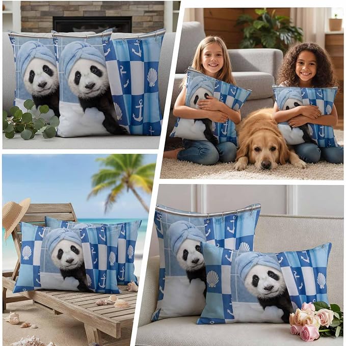 Bathing Panda Waterproof Outdoor Pillow Covers Set of 2 Home Decor, Funny Animal Showering Lumbar Pillowcase Patio Pillow Covers for Couch Bench Patio Furniture Garden 20x12in