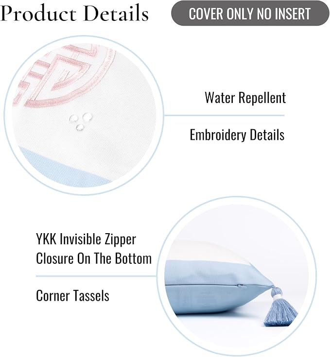 Hofdeco Premium Coastal Grandmillennial Patio Indoor Outdoor Lumbar Pillow Cover Only, 12"x20" Water Repellent for Backyard, Couch, Poolside, Baby Blue Pink Embroidered Double Happiness Symbol