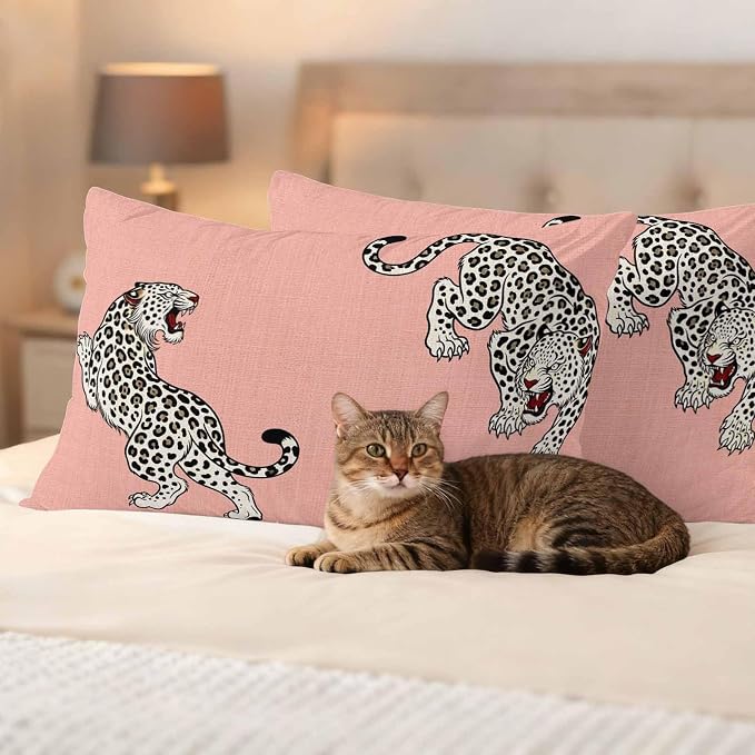 Yukro Pink Leopard Outdoor Waterproof Pillow Covers Pack of 2, Modern Style Wild Animal Rustic Linen Texture Throw Pillowcases Decorative Cushion Covers for Garden Patio Tent Sofa Couch, 20x12 inch