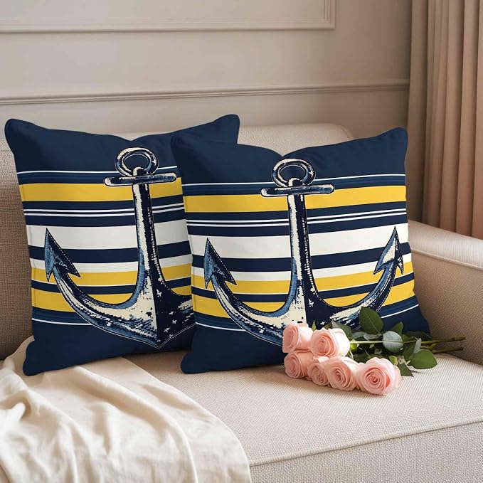 Vintage Anchor Outdoor Waterproof Pillow Covers Set of 2, Yellow Blue Striped Pillowcase Decorative Throw Cushion Cases for Patio Garden Couch 18 x 18 Inches