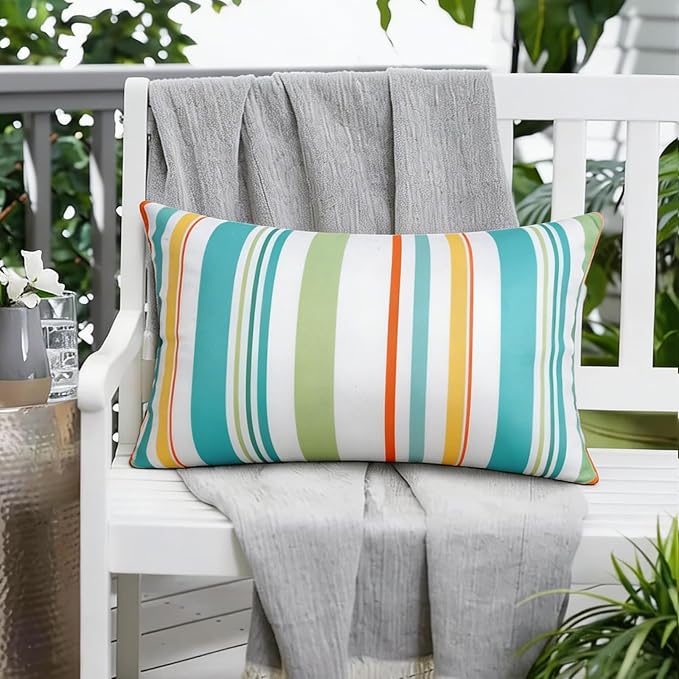 Adabana Outdoor Waterproof Pillow for Chaise Lounge Chair 2 Pack Floral Stripe Headrest Pillow Lumbar Adjustable Strap 12 x 16 Inch for Beach Poolside Patio Office Patio Garden,Stripe