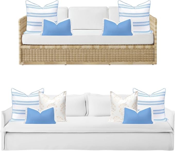 Hofdeco Premium Coastal Hampton Patio Indoor Outdoor Lumbar Pillow Cover Only, 12"x20" Water Repellent for Backyard, Couch, Poolside, Azure Blue Print Solid