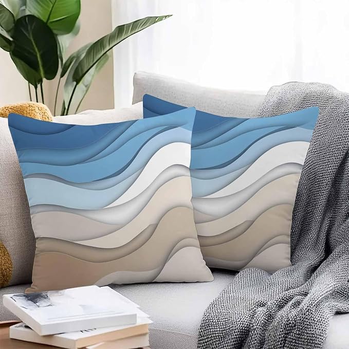 Modern Outdoor Pillow Covers Set of 2,Geometric Line Wave Striped Decorative Waterproof Throw Pillow Case,Minimalist Blue Brown Ombre Gradient Cushion Pillowcases for Couch Garden Patio,18x18In