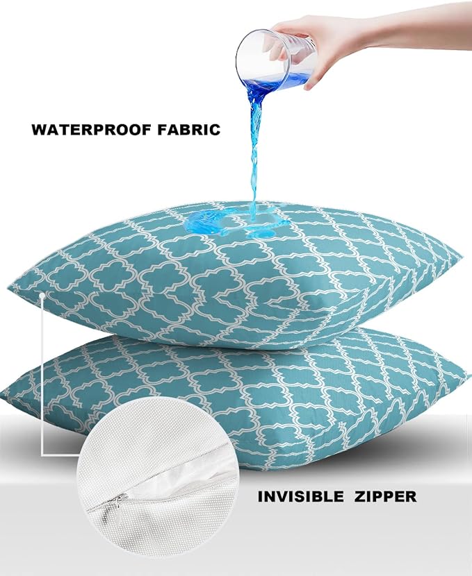 Outdoor Waterproof Pillow Covers for Patio Furniture Moroccan Pattern Decorative Throw Pillow Cover Blue Geometric Trellis Pillowcases Set of 2 Cushion Case for Sofa Couch Chair Home Decor 16x16 inch