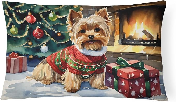 Caroline's Treasures DAC2768PW1216 Yorkshire Terrier Cozy Christmas Throw Pillow Machine Washable, Indoor Outdoor Decorative Pillow for Couch, Bed or Patio, 12HX16W