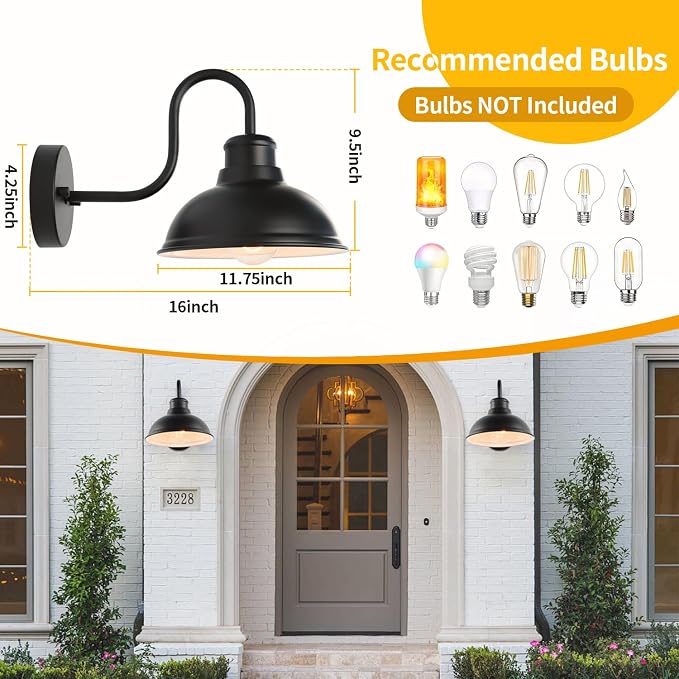 12" Barn Lights Outdoor Gooseneck Large Exterior Lighting Fixtures | Anti-Rust Waterproof Black Classic Farmhouse Industrial Wall-Mounted Barn Light Fixture for Garage/Porch/Patio ETL Listed