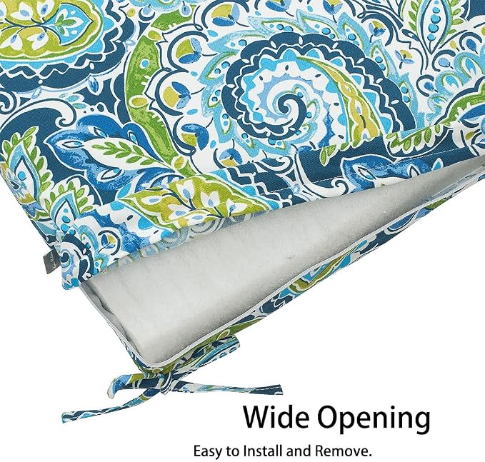 Magpie Fabrics Indoor Outdoor Cushion Cover Replacement 2 Pack, NO Insert! Water Repellent Slipcover with Ties Decor for Patio Garden Chair Sofa Bench Wicker(Paisley Lapis Green, 24x22x4 Inch)