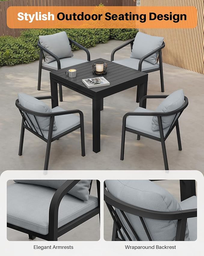 Outdoor Dining Chairs Set of 4, Never-Rust Aluminum Patio Dining Chairs with Removable Cushion, Ergonomic patio chairs with Wraparound Seating Design for Porch, Deck, Commercial, Garden, Black