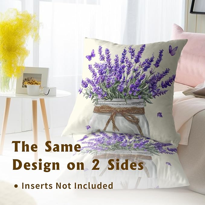 Lavender Purple Floral Pillow Covers 18x18 Set of 2, French Country Flowers Rustic Jar Farmhouse Decorative Pillow Cases Soft Square Cushion Cover for Sofa Couch Chair Home Decor