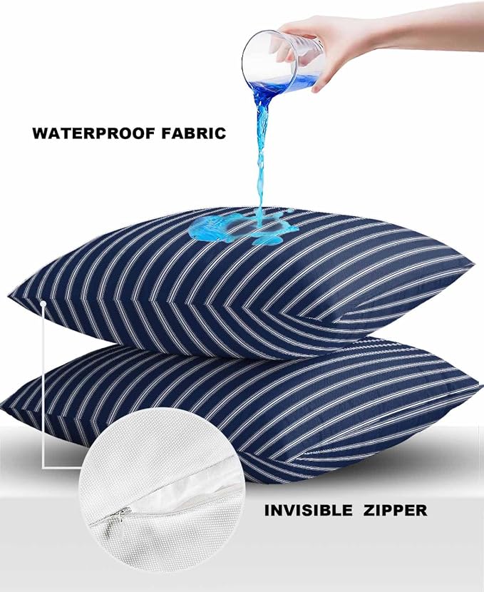 Outdoor Waterproof Throw Pillow Covers Set of 2 Navy Blue Stripe Pillowcases 26x26 Inches Vertical Striped Patio Decorative Pillows Cushion Case Patio Pillows for Couch Bed Chair Garden