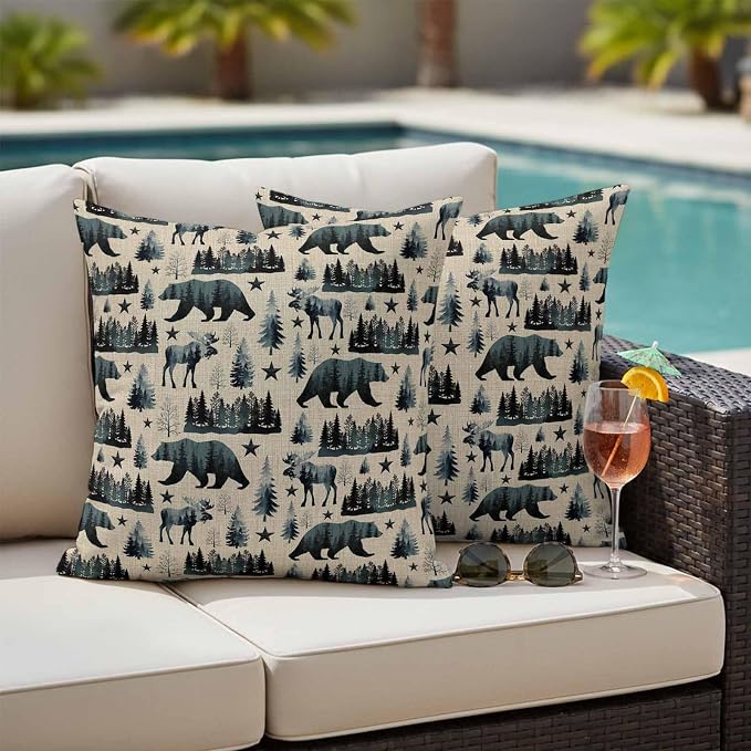 Vintage Bear Elk Cabin Outdoor Pillow Covers 26x26 Inch Throw Pillow Covers Set of 2 Waterproof Decorative Pillow Cases Farmhousee Pine Tree Rustic Cushion Covers for Patio Furniture Garden Couch Sofa