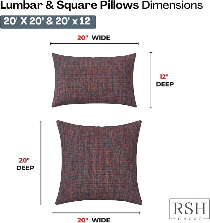 RSH DECOR: Sunbrella Lumbar & Square Pillows Set of 4 | 20" x 12" & 20" x 20" | Water and Fade-Resistant Fabric | Outdoor Throw Pillows for Patio Furniture | Made in USA (Platform Horizon)