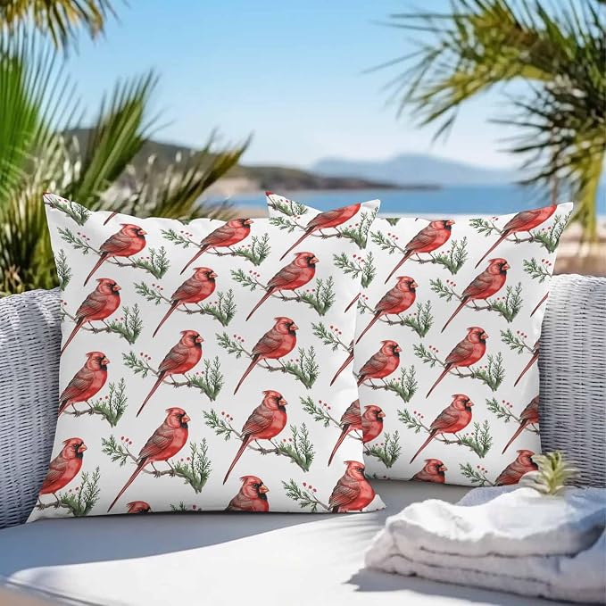YOKOU Outdoor Waterproof Throw Pillow Covers, Christmas Red Bird on Pine Branches Berries Cardinal Pillowcases Cushion Covers Cases for Patio Couch Bench, Pack of 2 Square, 20X20 Inch