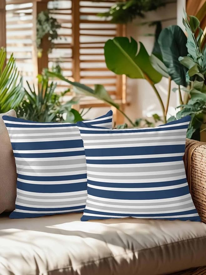 Outdoor Waterproof Throw Pillows Classic Modern Striped Patio Pillows Pack of 2,Decorative Pillow Covers with Insert,Pillow Cushion Case for Garden Couch Sofa Grey White Navy Blue