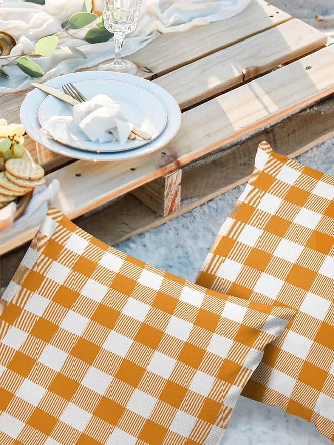 Outdoor Waterproof Throw Pillow Covers Set of 2 Orange Buffalo Check Plaid Pillowcases 26x26 Inches Farmhouse Style Patio Decorative Pillows Cushion Case Patio Pillows for Couch Bed Chair Garden