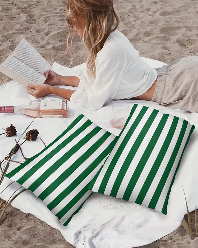 Outdoor Throw Pillow Cover Green White Geometric Striped Waterproof Cushion Covers 2 Pack Xmas Color Striped Pillow Cases Home Decoration for Patio Garden Couch Sofa 20x12In