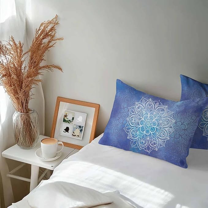 Vandarllin Outdoor Throw Pillows Covers 20x12 inch Set of 2 Waterproof Blue Boho Floral Decorative Zippered Cushion Covers for Patio Furniture, Bohemian Flower Lumbar Pillowcases